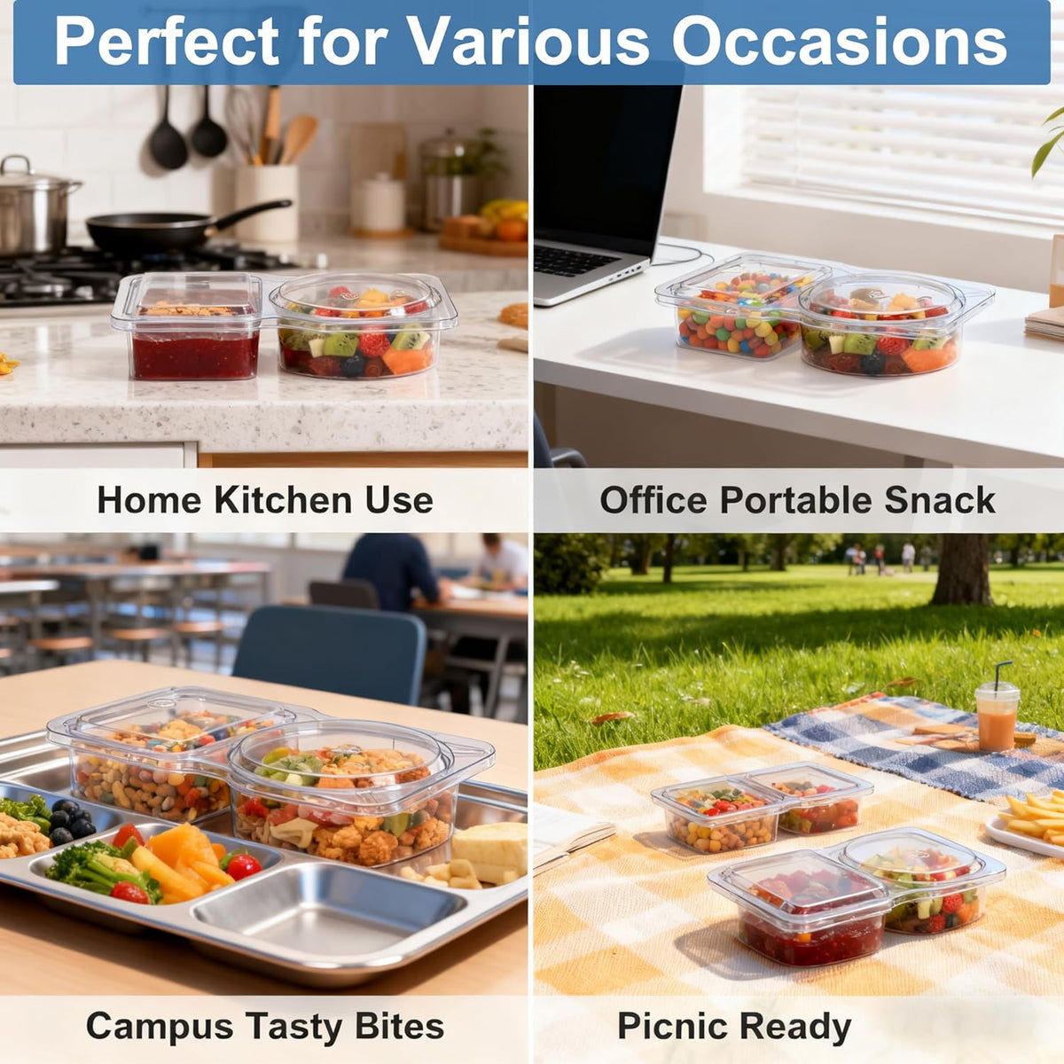 20 Pack Reusable Snack Containers with Lids, Double Compartment Snack Containers for kids & Adults -2 Compartment Condiment Containers, Dishwasher & Microwave Safe, for Portion Control, Meal Prep