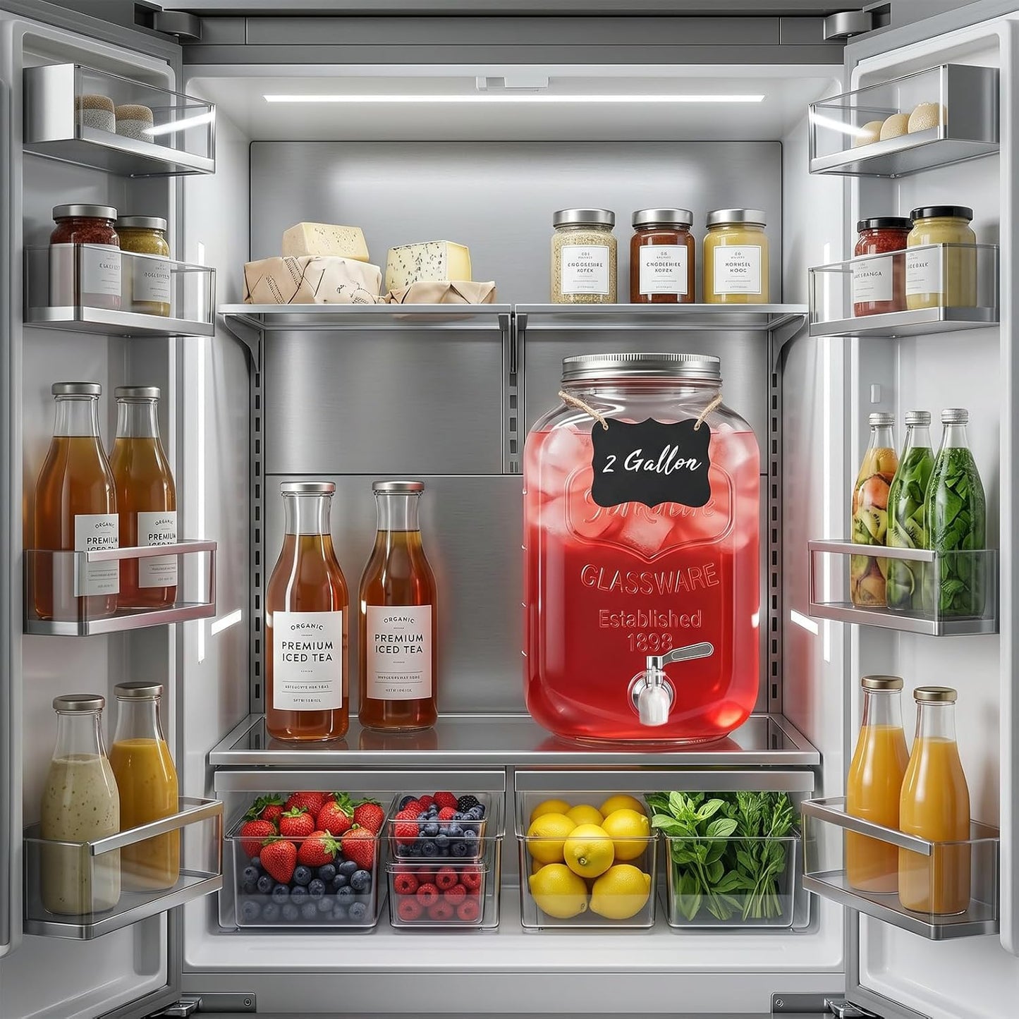 2 Pack1 Gallon Glass Drink Dispensers For Parties,Beverage Dispenser with Stand,304 Stainless Steel Spigot Leakproof,Lemonade Dispenser for Sun Tea, Homemade Juice