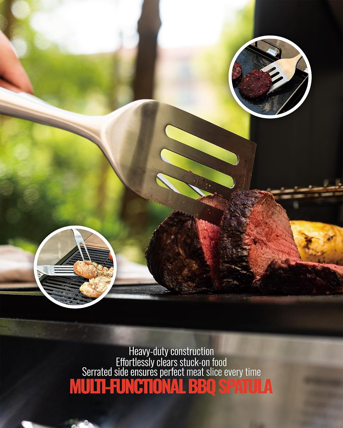 GRILAZ Heavy-Duty Rose Wooden BBQ Grilling Tools Set. Extra Thick Stainless Steel Multi-Function Spatula, Fork & Tongs | Essential Accessories for Barbecue & Grill. Ideal Gift for Father…