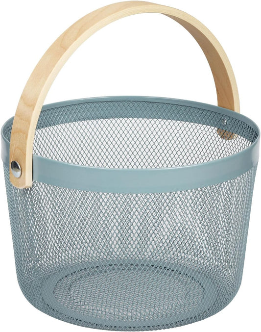 IBWell Bucket-Shape Metal Wire Woven Fruit Storage Bowl Basket with Wooden Handle, Large Black Mesh Fruit Stand, Multi-function Hanging Kitchen Baskets (Blue Grey)