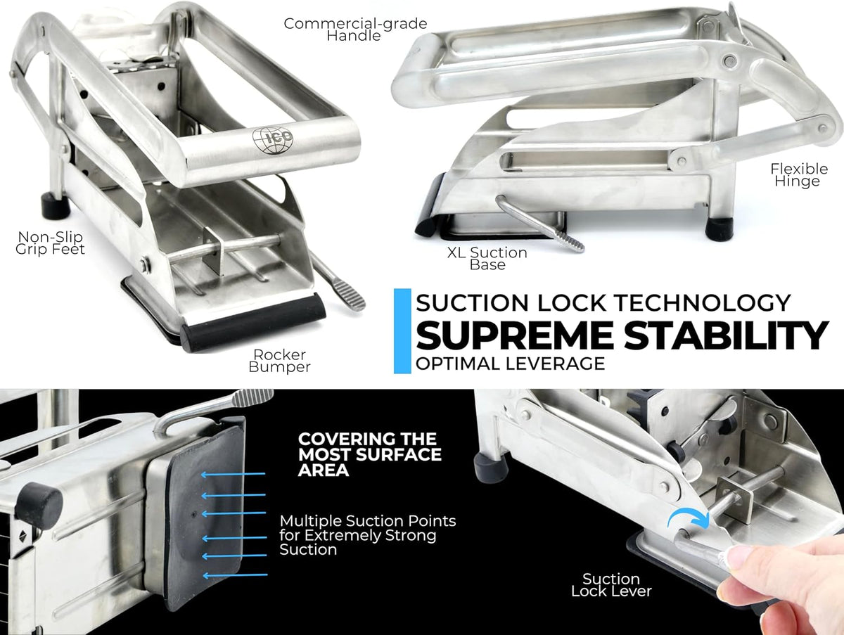 2-Blade French Fry Cutter - Stainless Steel Potato Slicer, Non-Slip Suction