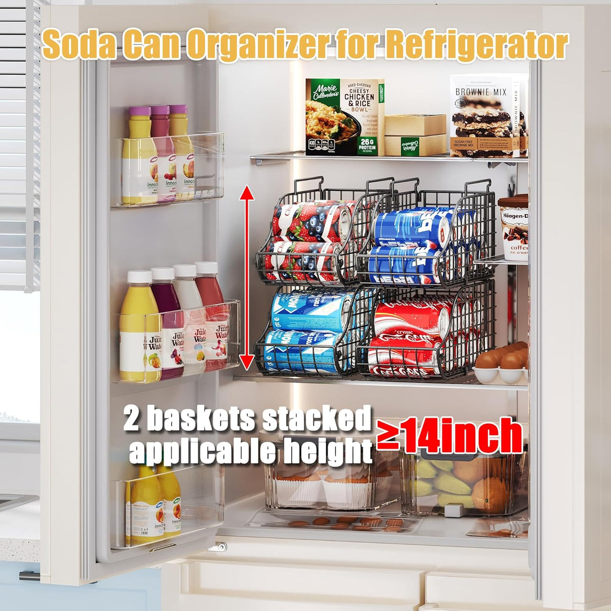 Sonyabecca 4-Pack Stackable Canned Food Organizer with Handles, Soda Can Organizer for Kitchen Pantry Shelves, Foldable Wire Cabinet Shelf for Can Storage, Patent Pending, Black