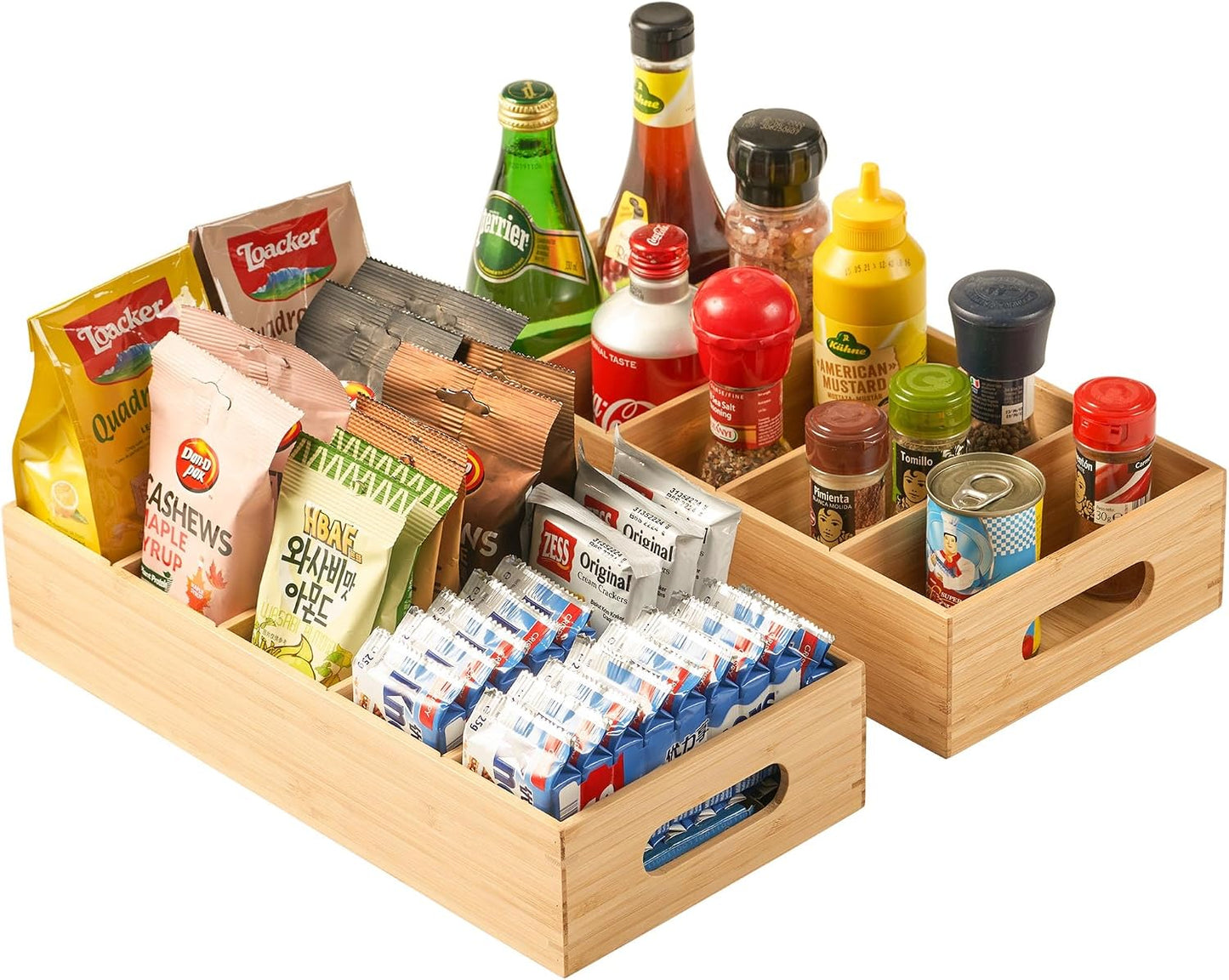 Umilife Bamboo Pantry Organizers and Storage Bins with Removable Dividers, Kitchen Drawer Cabinet Countertop Organization for Snack, Spice Packets, Teabags, Seasoning Pouches (2 Pack)
