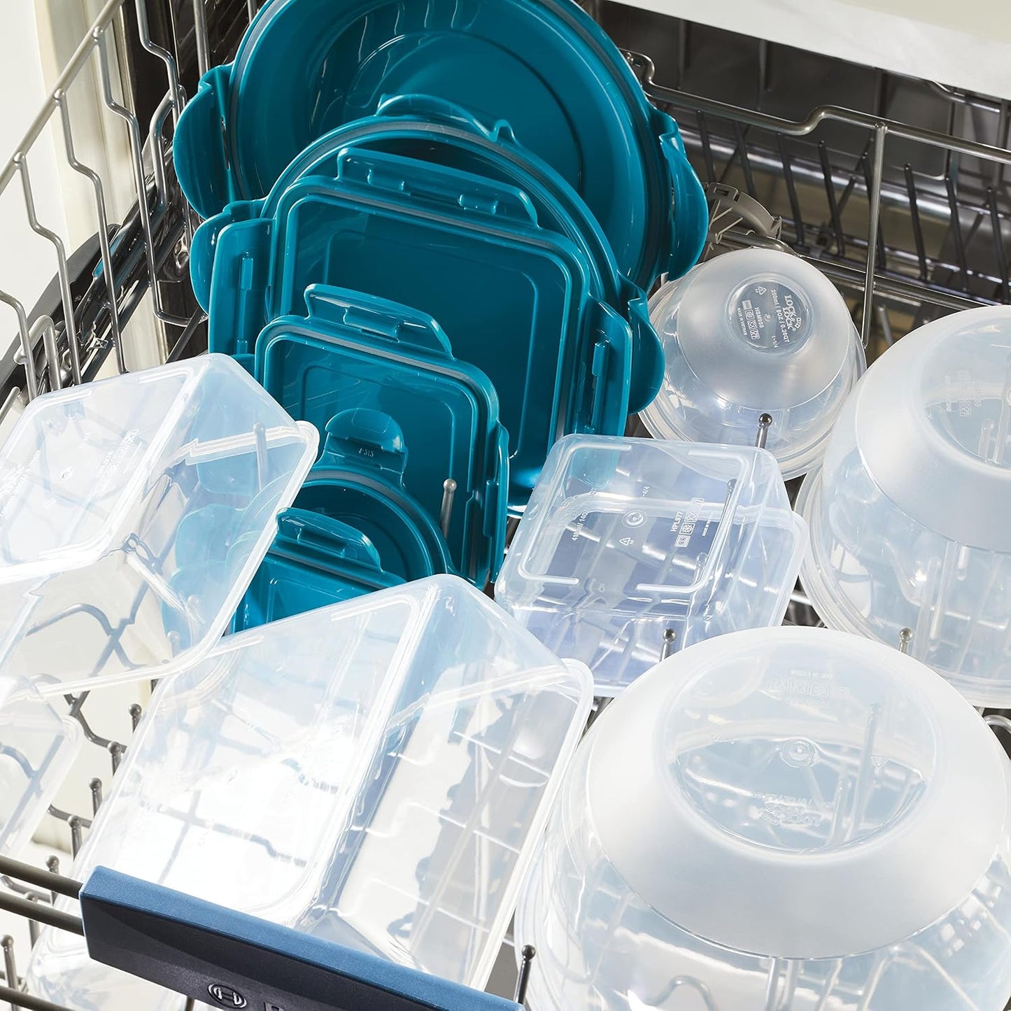 Rachael Ray Leak-Proof Nestable Container Food Storage Bin Set, 10-Piece, Clear with Teal Lids