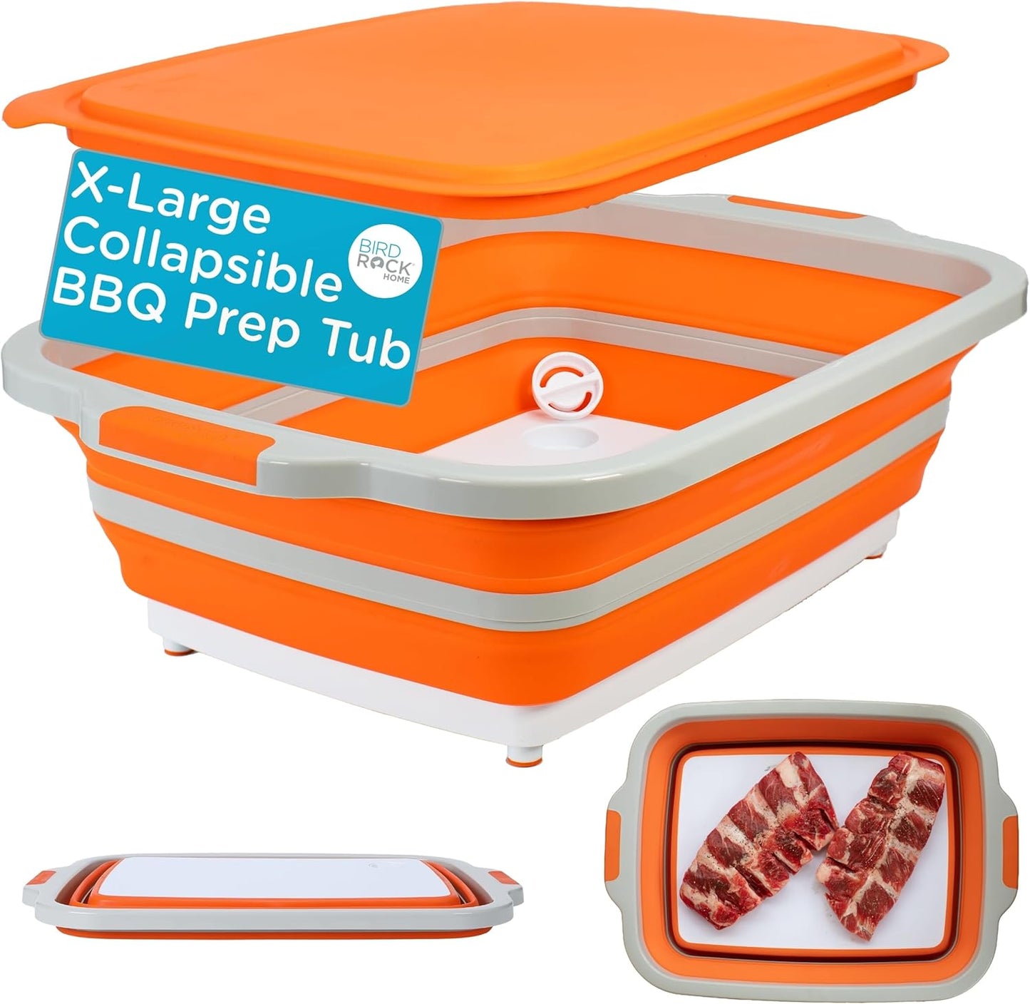 BIRDROCK HOME Collapsible Large BBQ Prep Tub w/Cutting Board, Multi-Function Grill Caddy w/Colander & Lid, Portable Silicone Dish Bowl for Picnic, Tailgate, Camping - Black