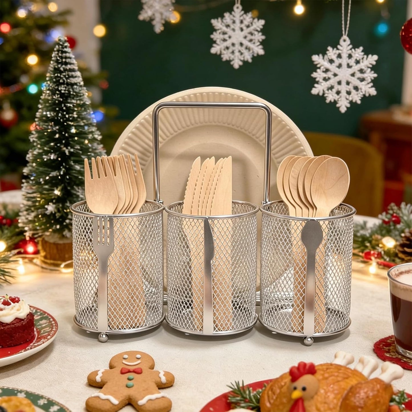 Silverware Organizer Utensil Caddy - 4 Compartment Metal Cutlery Holder Flatware Storage Basket Fork Spoon Napkin Paper Plate Kitchen Countertop Party Picnic Camping Buffet Outdoor (Gold)
