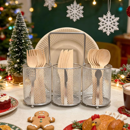 Silverware Organizer Utensil Caddy - 4 Compartment Metal Cutlery Holder Flatware Storage Basket Fork Spoon Napkin Paper Plate Kitchen Countertop Party Picnic Camping Buffet Outdoor (Gold)