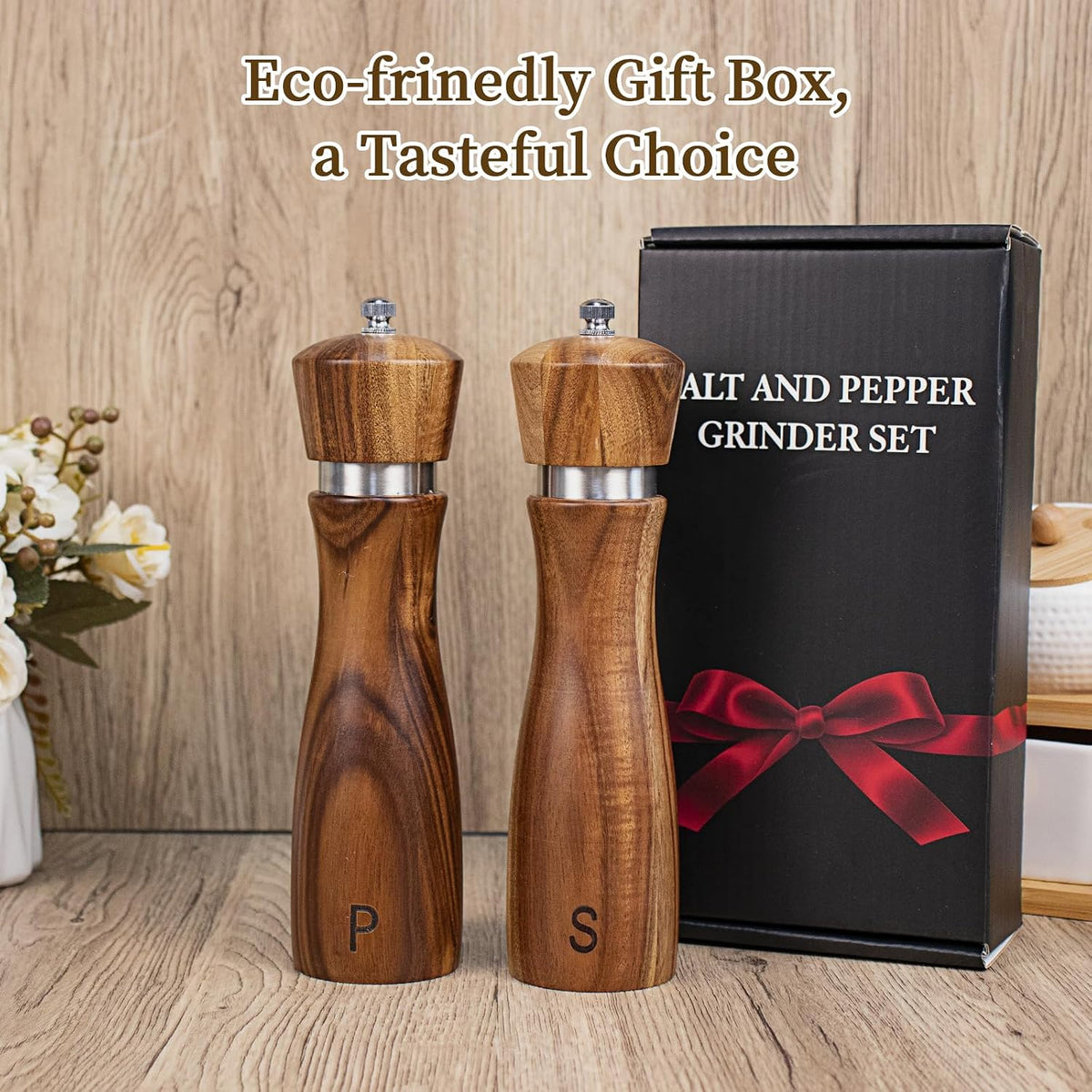 Haomacro Wooden Salt and Pepper Grinder Set Refillable Salt & Pepper Mills