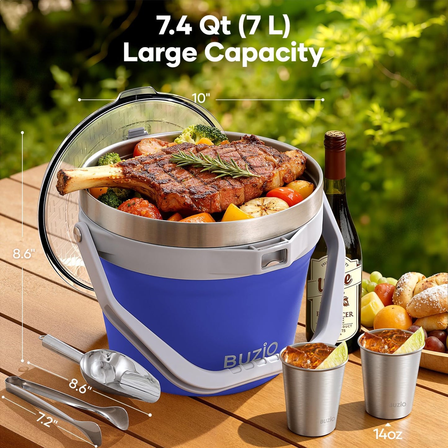 BUZIO 7.4 Qt/7 L Insulated Ice Bucket with Lid, Scoop, Tongs & Metal Cups, Double Wall Vacuum Stainless Steel Beer Bucket, Holds 6 Longnecks/3 Wine Bottles, for Parties Bar, Black