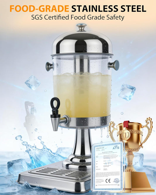 Beverage Dispenser with Stand, 3 Gallon Drink Dispenser for Parties,Events,Buffet &Self-Serve,Dual Ice Tube Core Fruit Infuser,Leakproof Spigot,Clear PC Container, Stainless Steel Lid&Base