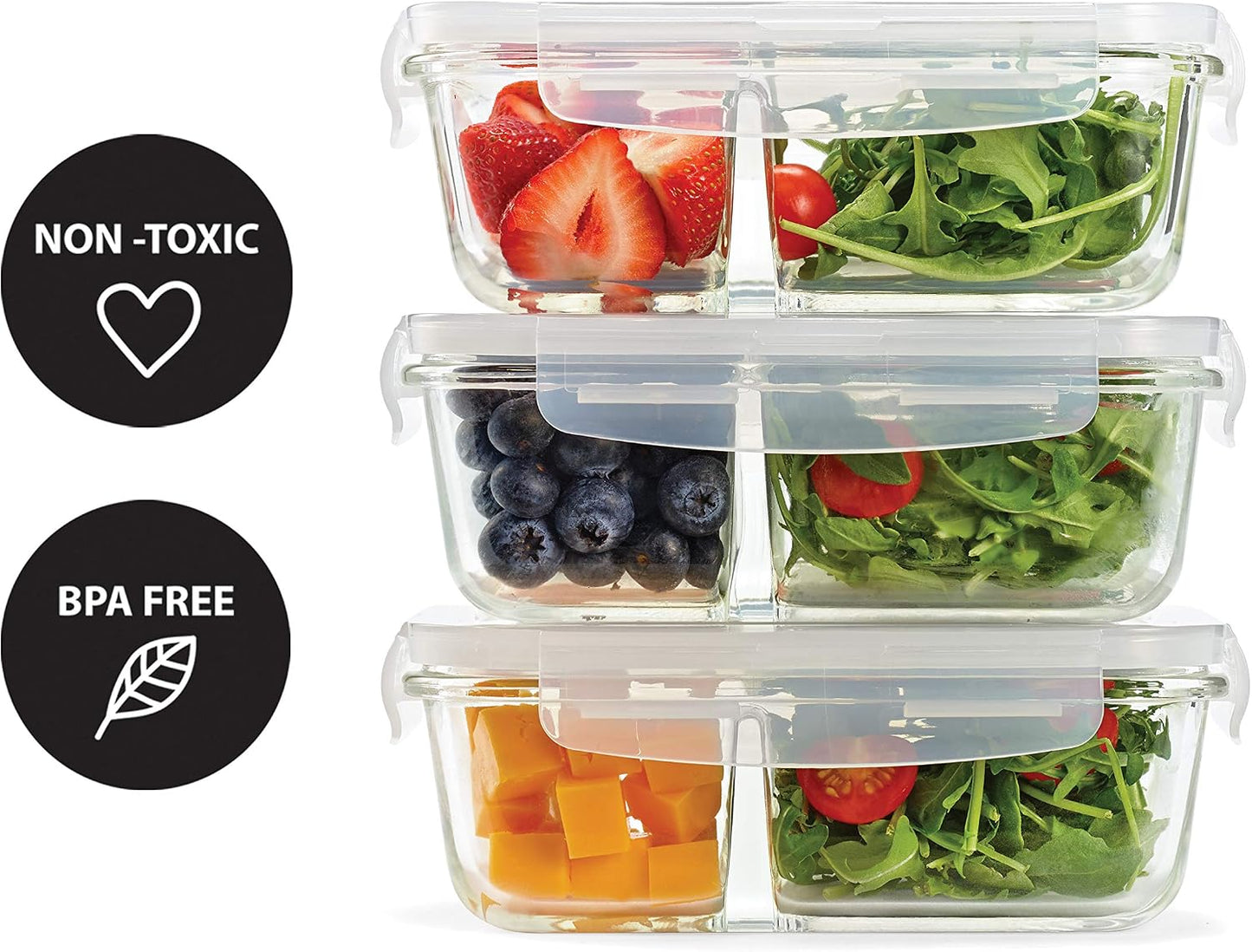 Fit & Fresh Divided, 5-Pack, Two Compartments, Set of 5 Containers with Locking Lids, Glass Storage, Meal Prep Containers with Airtight Seal, 27 oz.