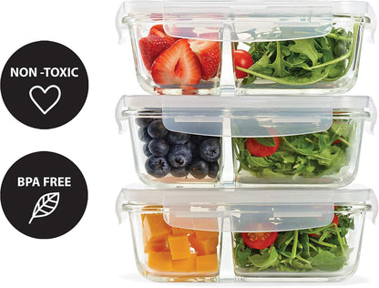 Fit & Fresh Divided, 5-Pack, Two Compartments, Set of 5 Containers with Locking Lids, Glass Storage, Meal Prep Containers with Airtight Seal, 27 oz.