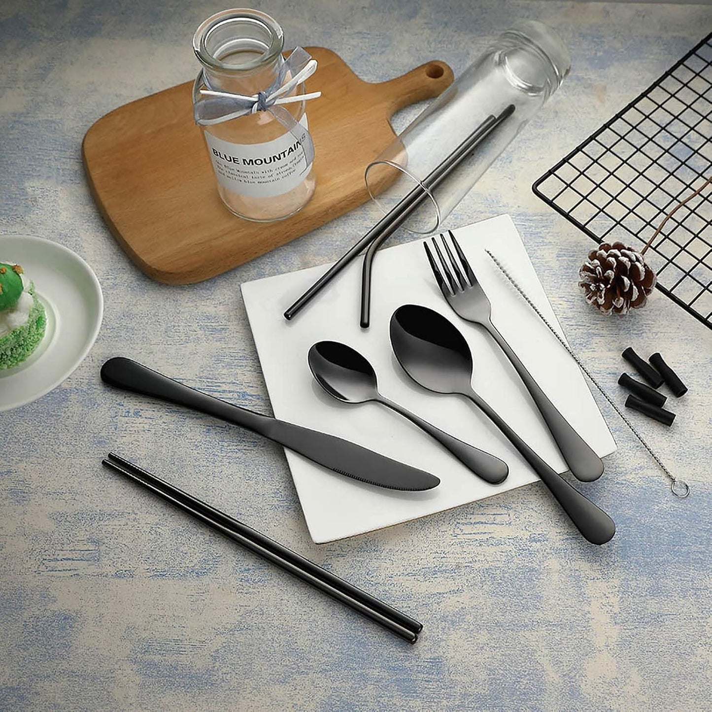 VANDBAO Camping Utensils Set, Portable Travel Utensils with Case for Fixing Tableware, Reusable Stainless Steel Stable Cutlery Set, Lunch Picnic Flatware Silverware (Rainbow Set)