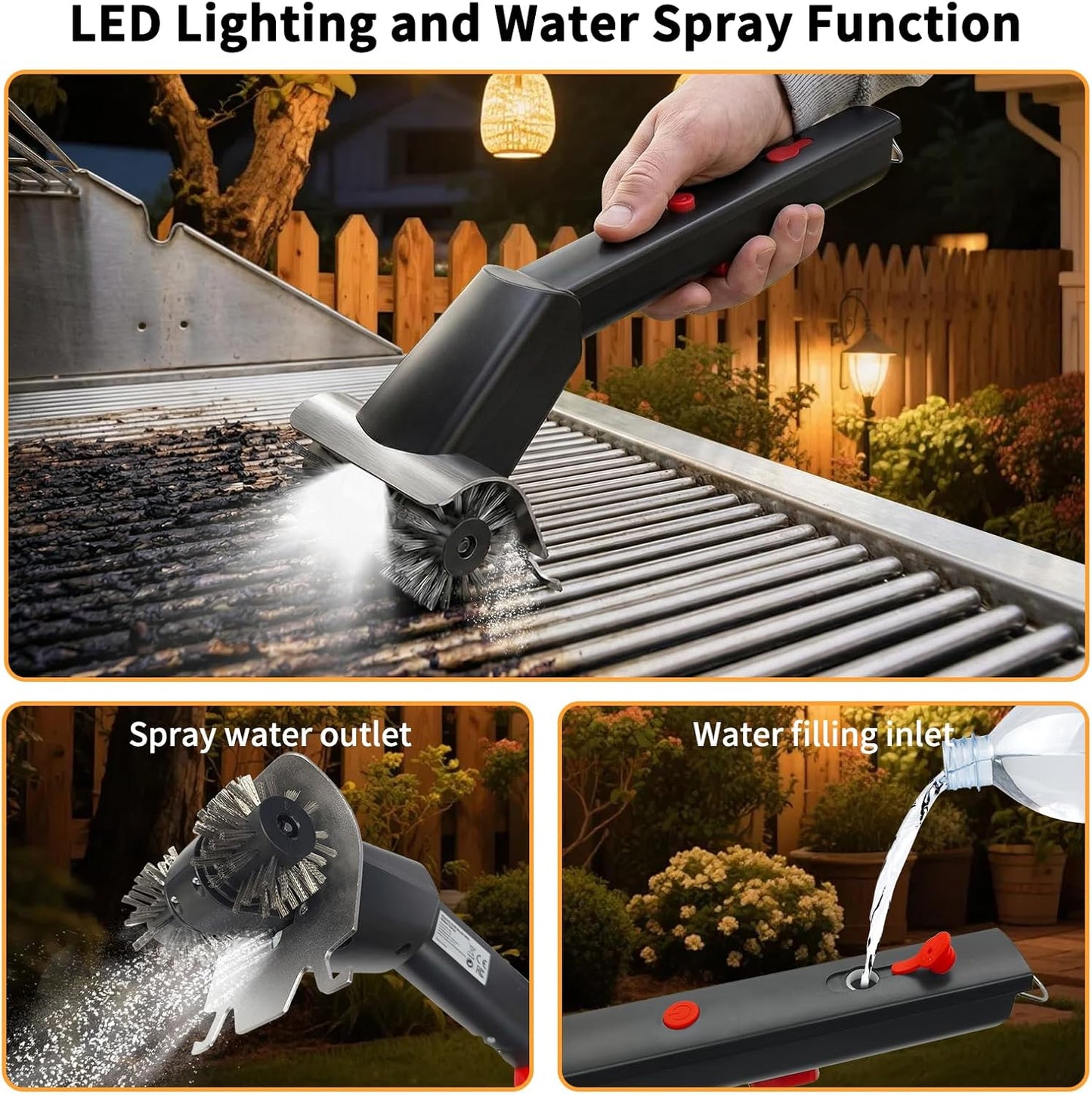 Cordless Electric Grill Brush for Outdoor - Waterproof BBQ Grill Cleaner with Lights Water Spray - Grill Cleaning Brush for Burnt-On Grease&BBQ Grates, 90 Mins Runtime, 2 Stainless Heads Refill