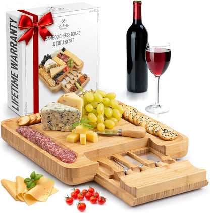 Zulay Kitchen Premium Bamboo Charcuterie Board - Extra Thick Bamboo Board with 4 Piece Knife Set - Perfect for Charcuterie, Wine and Cheese