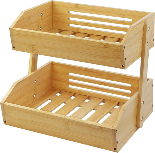 mobzio Fruit Basket Stand, 2 Tier Fruit Basket for Kitchen Counter, Produce Basket for Fruit and Vegetable Storage, Bamboo Basket Fruit Bowl Display Rack, Fruit Holder Snack Organizer