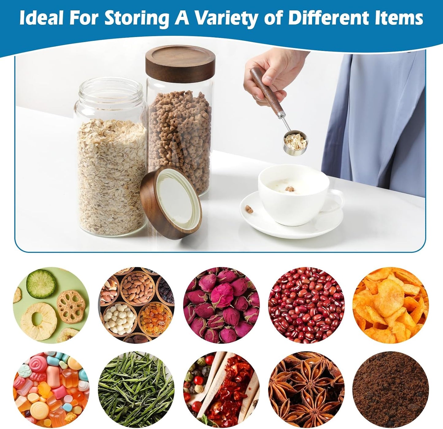 6 pc Glass Spice jars Glass Jars with Screw Lid 5 oz Acacia Wood Glass Herb Sugar Coffee Bean Ground Container Food Storage Canister for Candy Pantry Tea Seasoning Meal Prep Snack (6*150ml(5oz))