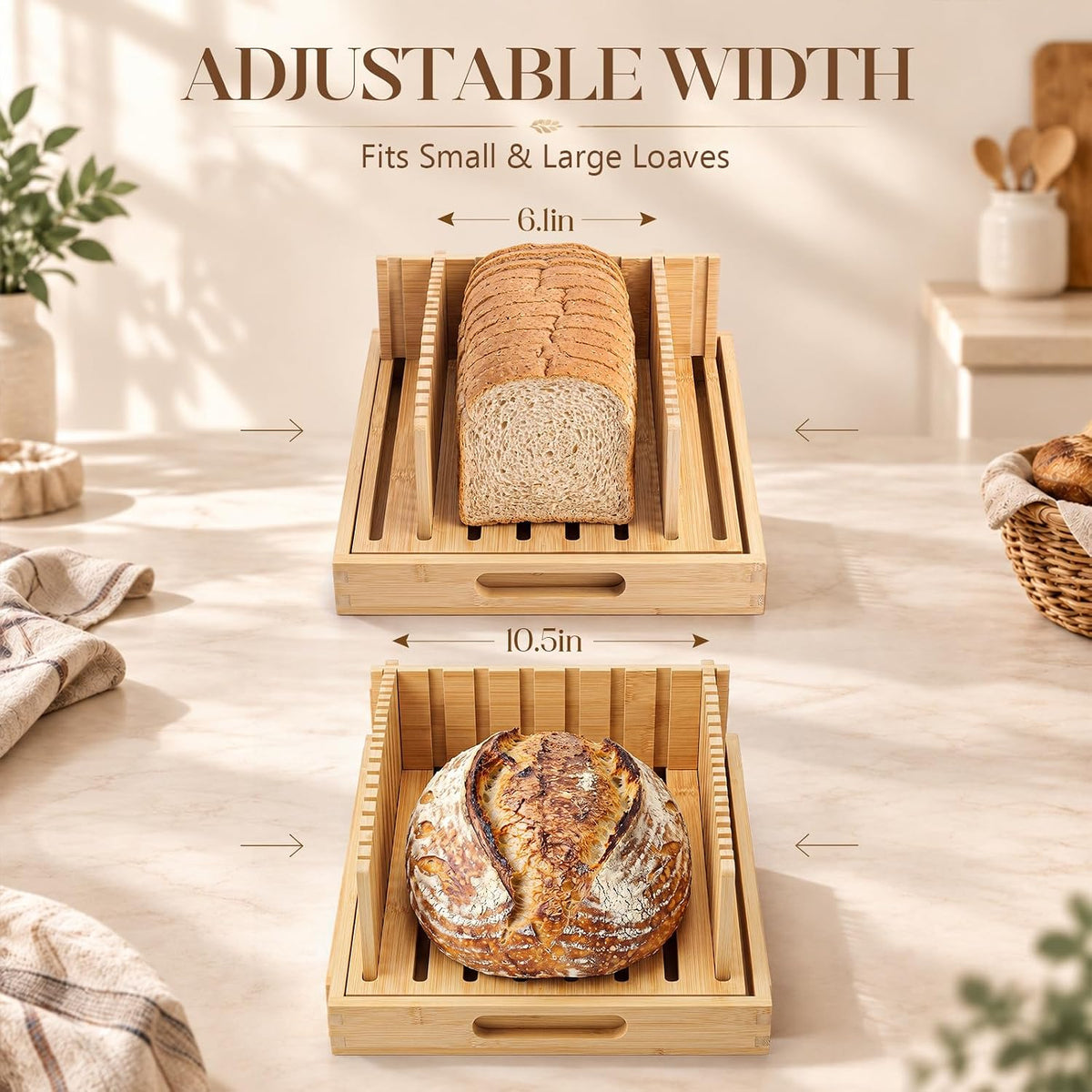 Bamboo Bread Slicer for Homemade Breads, Adjustable Cutting Guide