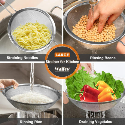 Walfos 6.3 Inch Fine Mesh Strainer, Premium Stainless Steel Sieve and Sifter with Handle, Kitchen Metal Strainers for Rice, Quinoa, Fruits, Noodles, Flour