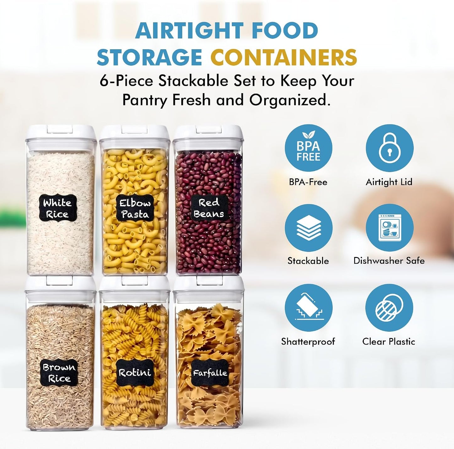 Shazo Airtight Food Storage Containers with Lids - 6 PC BPA Free Clear Plastic Cereal Containers with Easy Lock Lids for Kitchen and Pantry Organization for Snacks and Pasta - 1.2L
