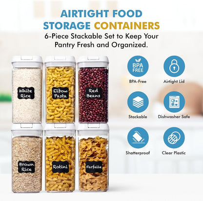 Shazo Airtight Food Storage Containers with Lids - 6 PC BPA Free Clear Plastic Cereal Containers with Easy Lock Lids for Kitchen and Pantry Organization for Snacks and Pasta - 1.2L