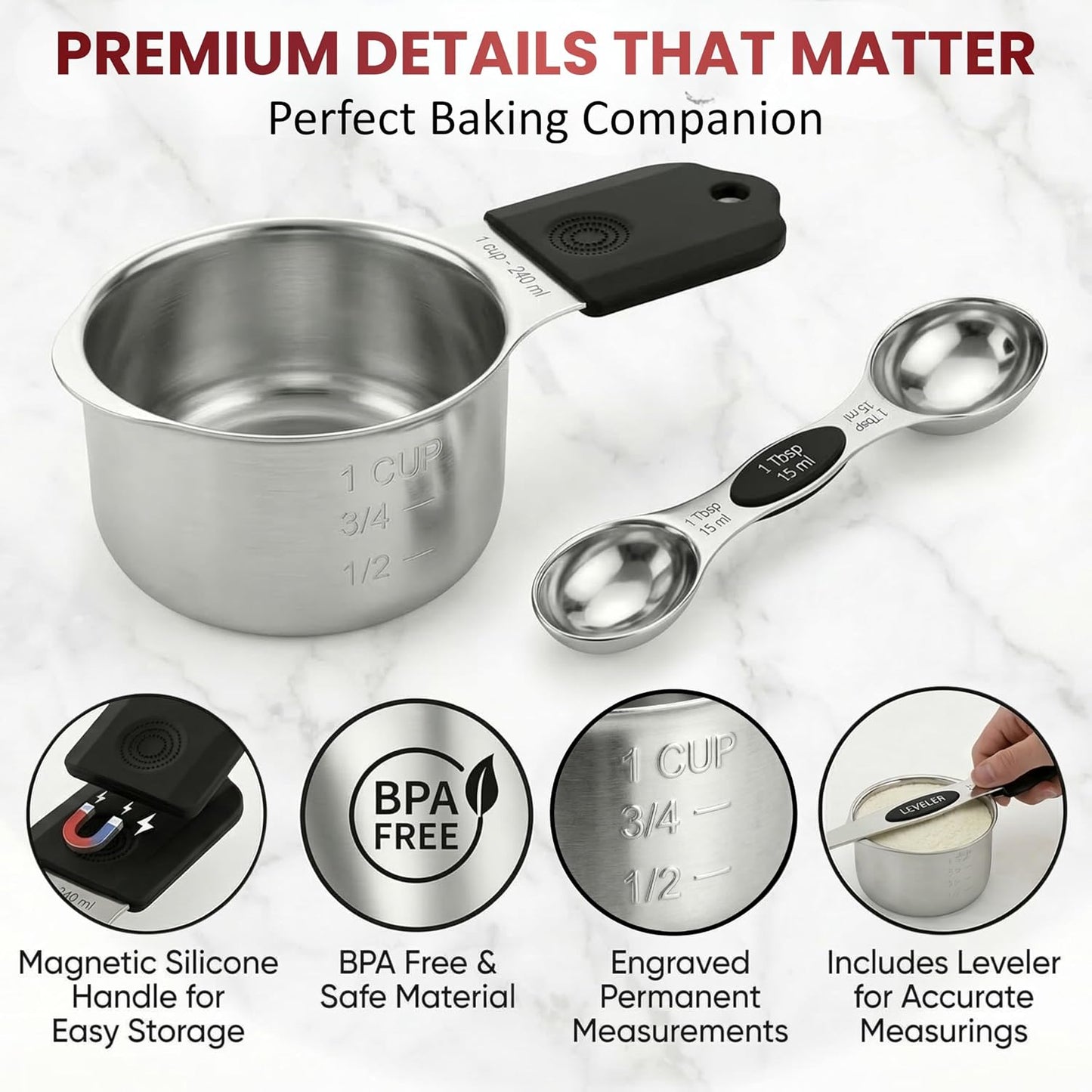 Magnetic Measuring Cups and Spoons Set of 16, 304 Stainless Steel with Multicolor Silicone Handles, 7 Cups, 8 Double-Sided Spoons and Leveler, Laser-Engraved, Stackable, Dishwasher Safe for Baking