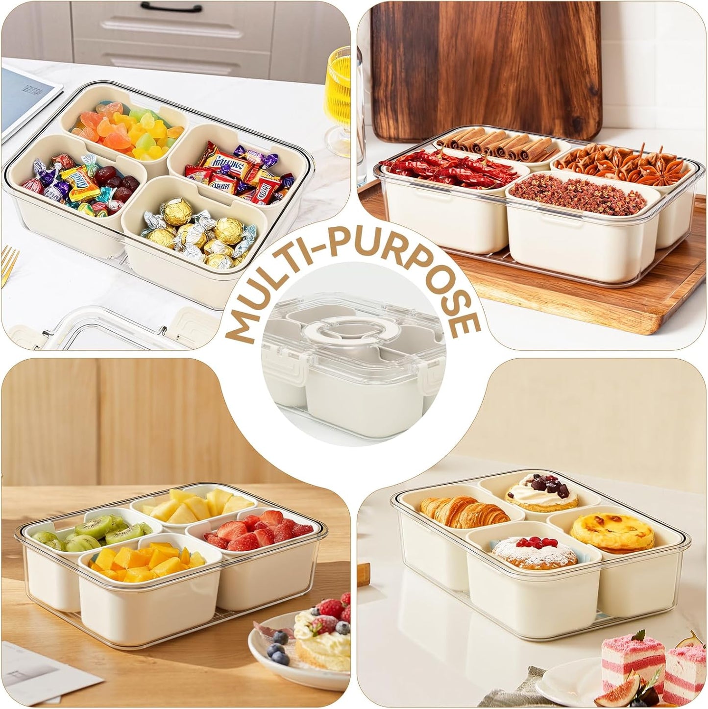 Snackle Box Container,2 Pack Divided Clear Snack Box Serving Tray with Lid and Handle,Charcuterie Board with Lid, Snack Organizer for Beach Picnic, Refrigerator Fresh, Party, Holidays and Travel