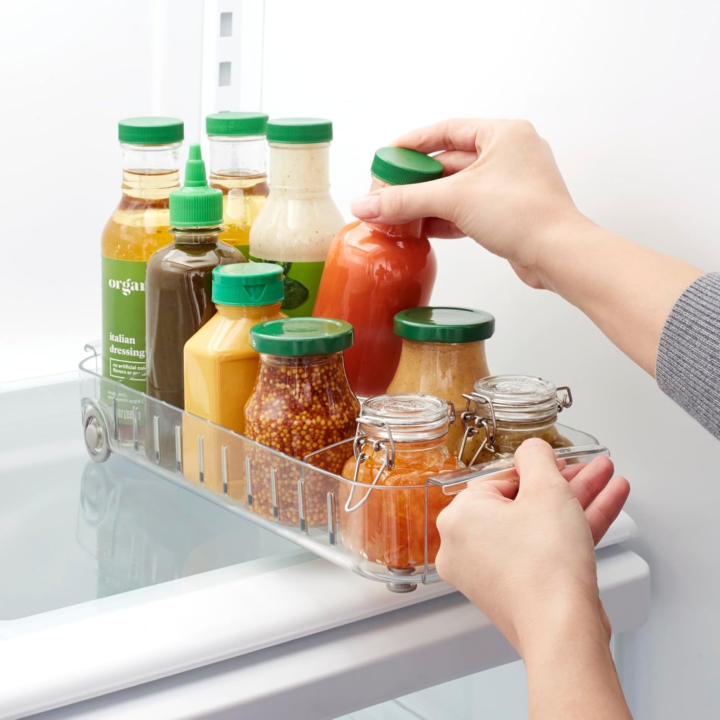YouCopia RollOut Fridge Caddy BPA-Free Clear Rolling Refrigerator Organizer Bin with Adjustable Dividers and Handles, 9" Wide