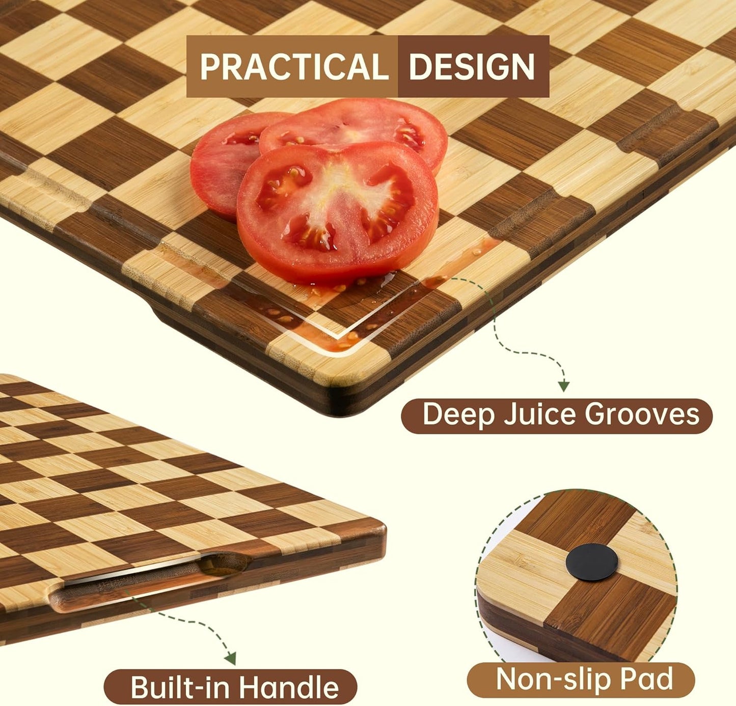 THETCHRY Bamboo Cutting Board Set, Checkered Wood Cutting Boards for Kitchen with Juice Groove, Non Toxic Wooden Charcuterie Boards, Non Slip Chopping Board for Meat Fruit Cheese, Housewarming Gift