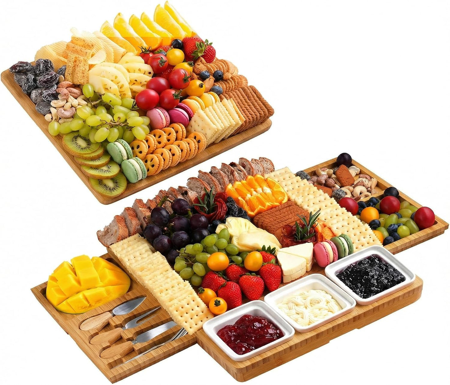 Large Charcuterie Board Set with Knife Set, 12.6" × 11.2" Square Fruit Tray, Bamboo Cheese Platter (Double-Drawer), Great for Group Gatherings, House Warming Gifts New Home, Birthday Gifts for Women