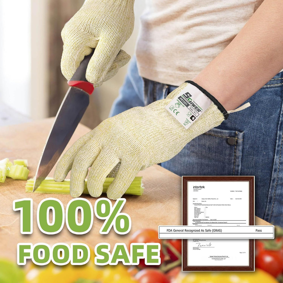 Schwer SlicePro ANSI Cut Resistant Gloves, Food Grade Cutting Glove for Kitchen Food Prep, Mandoline Gloves for Meat Cutting, Oyster Shucking, Fish Fillet Processing, PR1501-G, L
