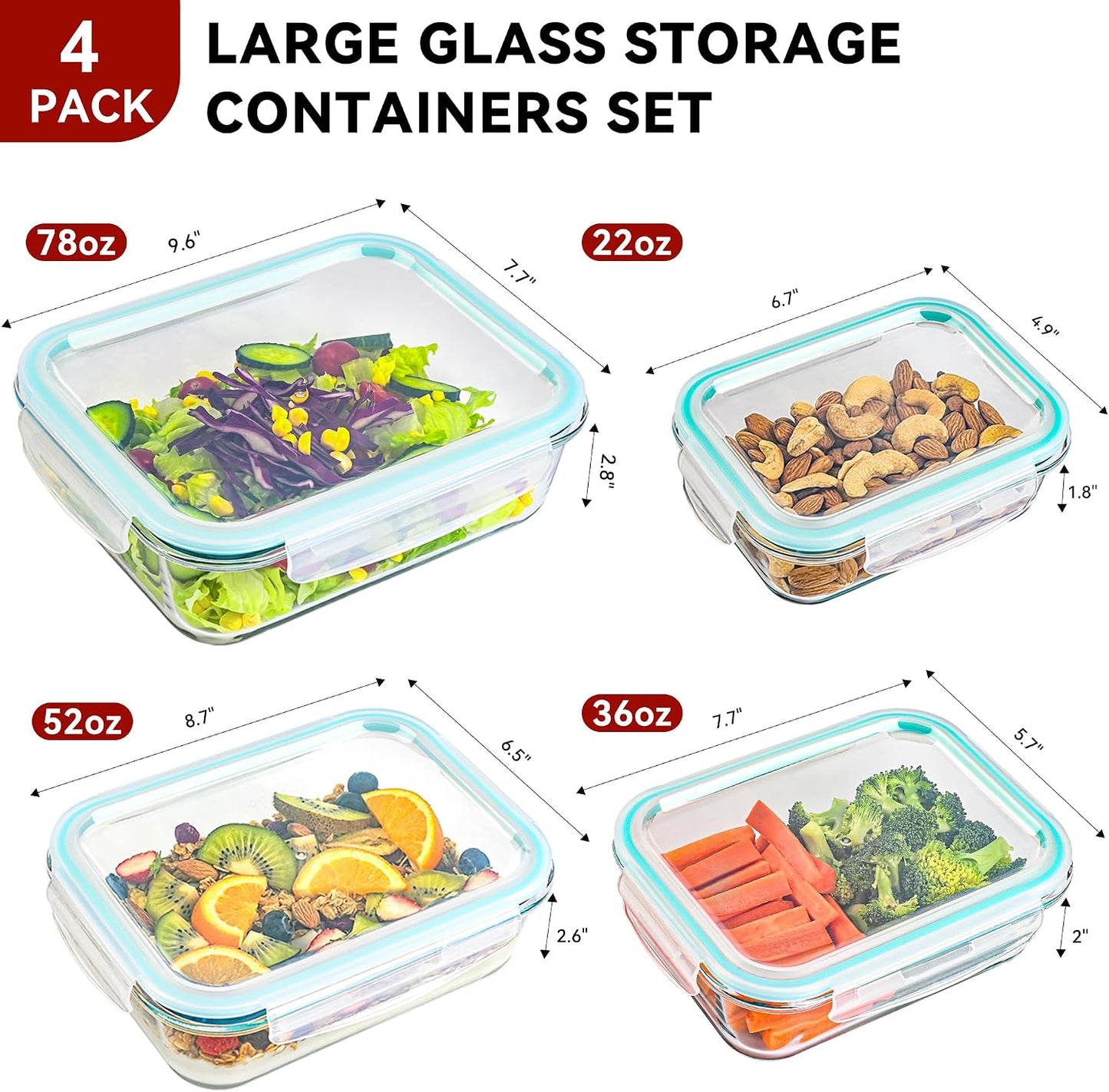 GEHE 4 Pack Large Glass Storage Containers with Airtight Lids, 78/52/36/22oz Glass Meal Prep Food Storage Containers for Baking, Storing, Leakproof, BPA Free, Microwave/Freezer/Dishwasher Safe