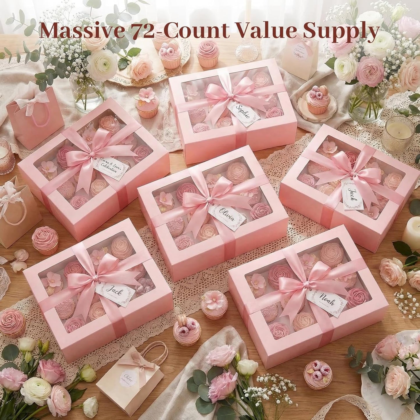 VGOODALL 12 Count Cupcake Boxes, 6PCS Cupcake Container with Window Boxes Holding 72 Pastry Box for Birthday Holiday Party Bakery Supplies 13.2"x9.8"x4"