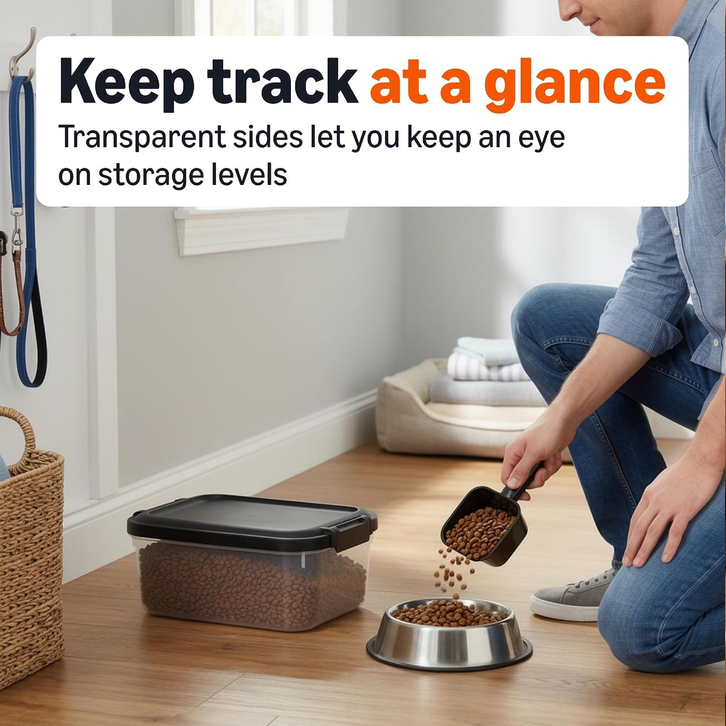 Amazon Basics Pet Food Storage Container with Rolling Wheels, BPA-Free, Detachable Scoop, 50lbs Capacity