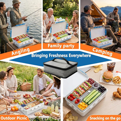 Chilled Snackle Box Divided Serving Tray with Ice Pack Individual Lids Container,Portable Freezer Cooler Picnic Travel Snack Container for Beach Camping Road Trip Essentials Insulated Bag