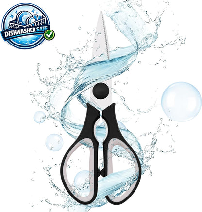 Grip Multi-Purpose Stainless Steel Kitchen Scissors - Non-Slip TPR Grip - Serrated Blade - Cuts Meat, Vegetables, Fish, Poultry, Fruits, Pizza - Nut cracker/Bottle opener - Dishwasher Safe (Blk/Grey)