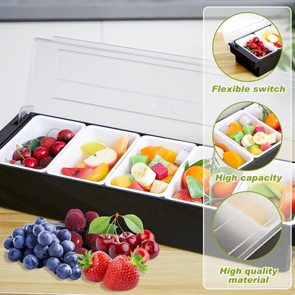Tessco for you Garnish Tray with Lid Bar Caddy Ice Cooled Condiment Serving Container with Ice Scoop Metal Mini Serving Tongs Fruit Fork Spoons for Food Home Party Kitchen(Plastic,6 Grids)