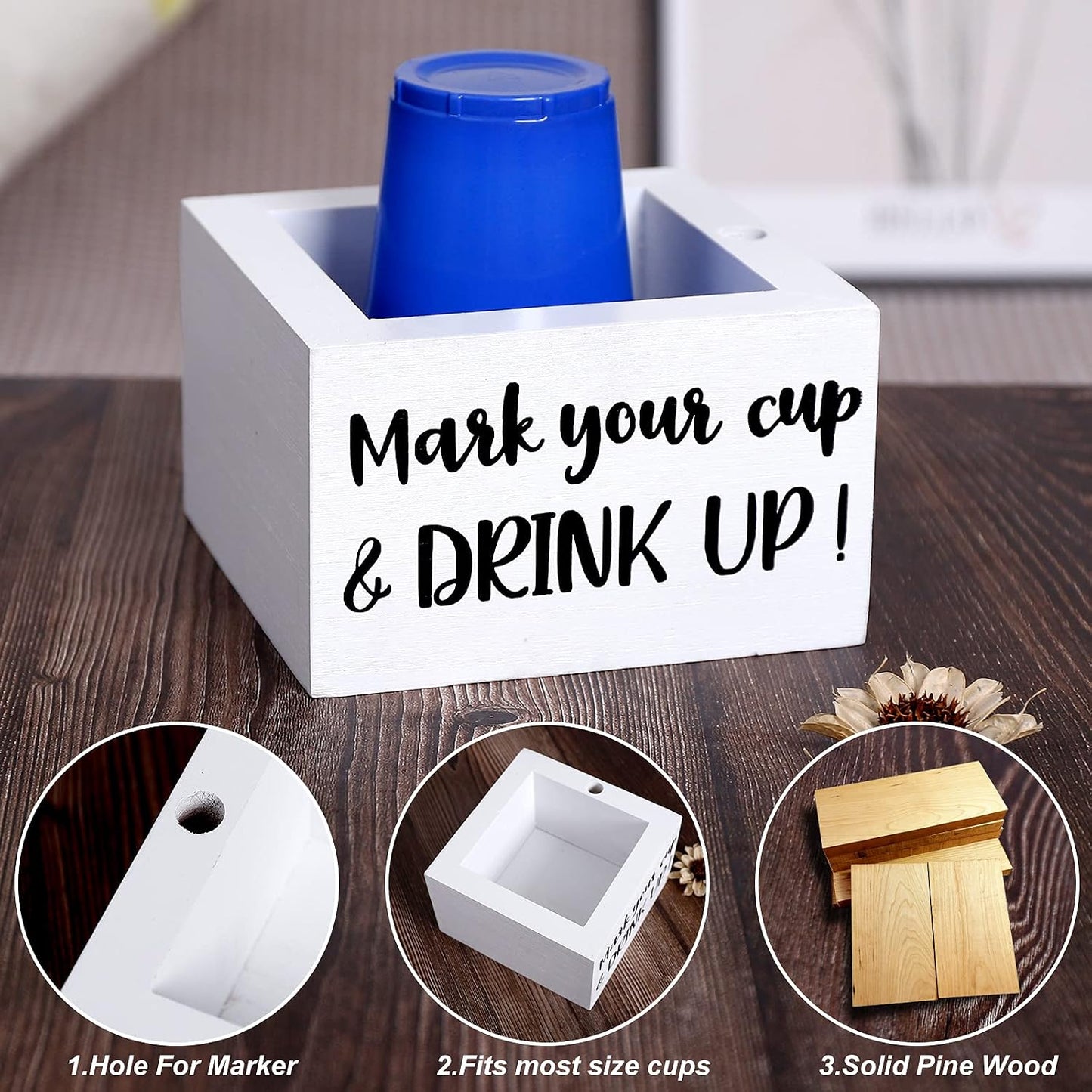 Single Cup Holder with Marker Slot Party Cup Dispenser Mark Your Cup and Drink Up Drink Dispensers for Parties Housewarming Hostess Gift Cup Holder Countertop 2 Sides Designs