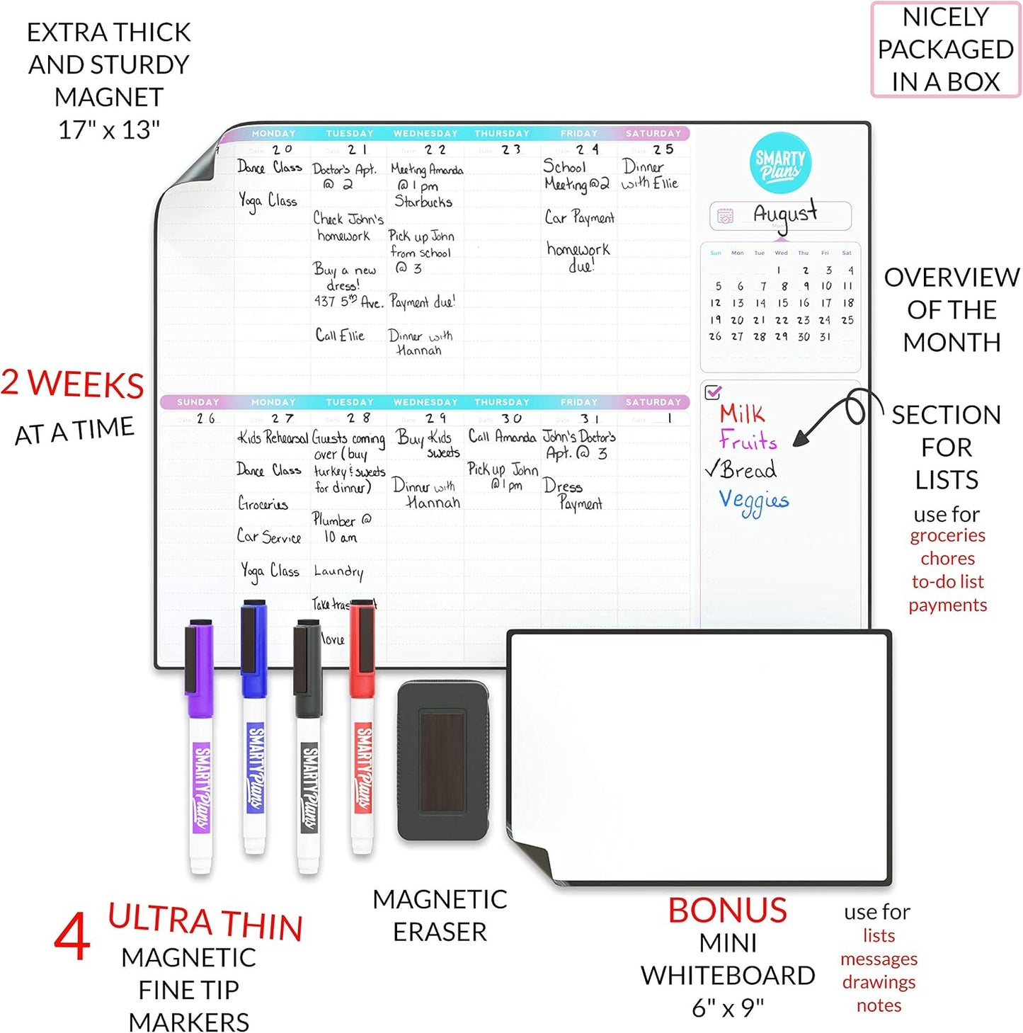 Dry Erase Weekly Extra Thick Magnetic Calendar for Refrigerator: 17x13 Two Week Planner and 6x9 White Board, 4 Fine Tip Markers and Eraser. Stain Resistant. Shipped Flat. (Weekly Planner)