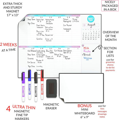 Dry Erase Weekly Extra Thick Magnetic Calendar for Refrigerator: 17x13 Two Week Planner and 6x9 White Board, 4 Fine Tip Markers and Eraser. Stain Resistant. Shipped Flat. (Weekly Planner)