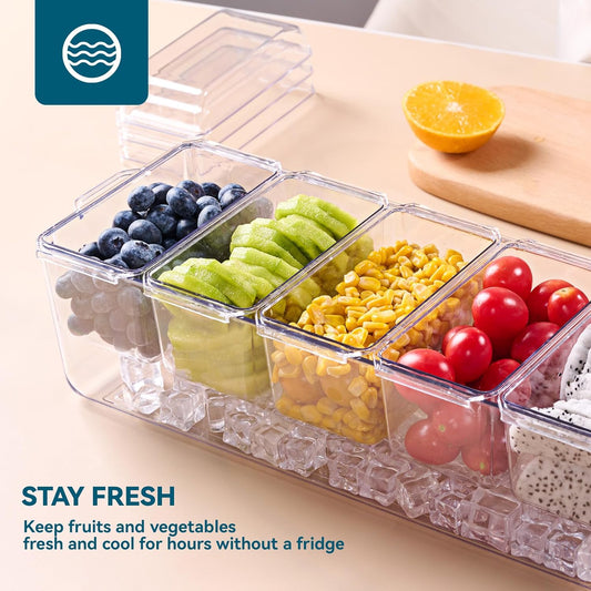 Chilled Condiment Tray Server with 5 Small Containers and Removable Compartments, Ice Chilled Condiment Organizer, Clear Garnish Serving Platter for Fruit, Salad, Food, Outdoor Events, Picnics
