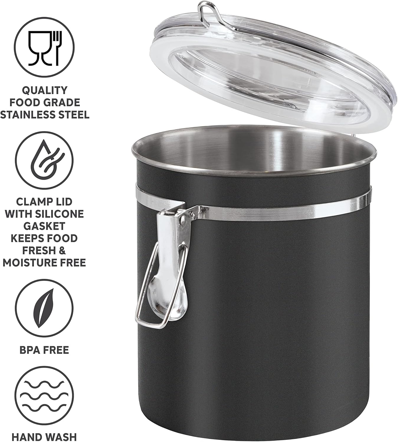 Oggi Stainless Steel Kitchen Canister 62 fl oz - Airtight Clamp Lid, Clear See-Thru Top - Ideal for Kitchen Storage, Food Storage, Pantry Storage. Large Size 5" x 7.5".