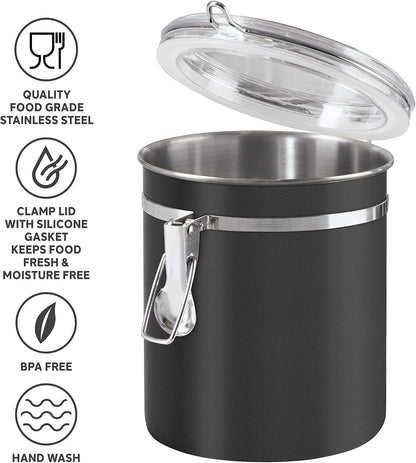 Oggi Stainless Steel Kitchen Canister 62 fl oz - Airtight Clamp Lid, Clear See-Thru Top - Ideal for Kitchen Storage, Food Storage, Pantry Storage. Large Size 5" x 7.5".