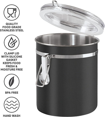 Oggi Stainless Steel Kitchen Canister 62 fl oz - Airtight Clamp Lid, Clear See-Thru Top - Ideal for Kitchen Storage, Food Storage, Pantry Storage. Large Size 5" x 7.5".