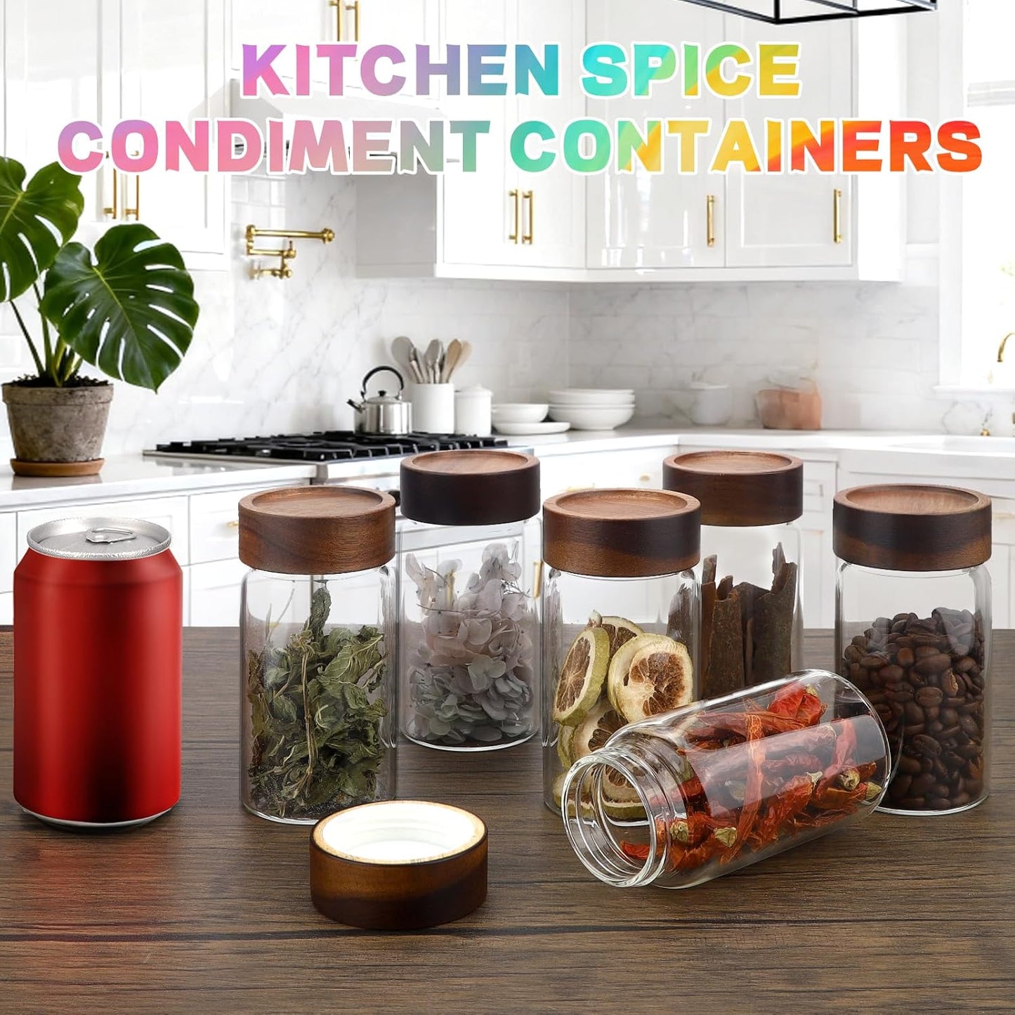 6 pc Glass Spice jars Glass Jars with Screw Lid 5 oz Acacia Wood Glass Herb Sugar Coffee Bean Ground Container Food Storage Canister for Candy Pantry Tea Seasoning Meal Prep Snack (6*150ml(5oz))