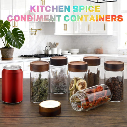 6 pc Glass Spice jars Glass Jars with Screw Lid 5 oz Acacia Wood Glass Herb Sugar Coffee Bean Ground Container Food Storage Canister for Candy Pantry Tea Seasoning Meal Prep Snack (6*150ml(5oz))