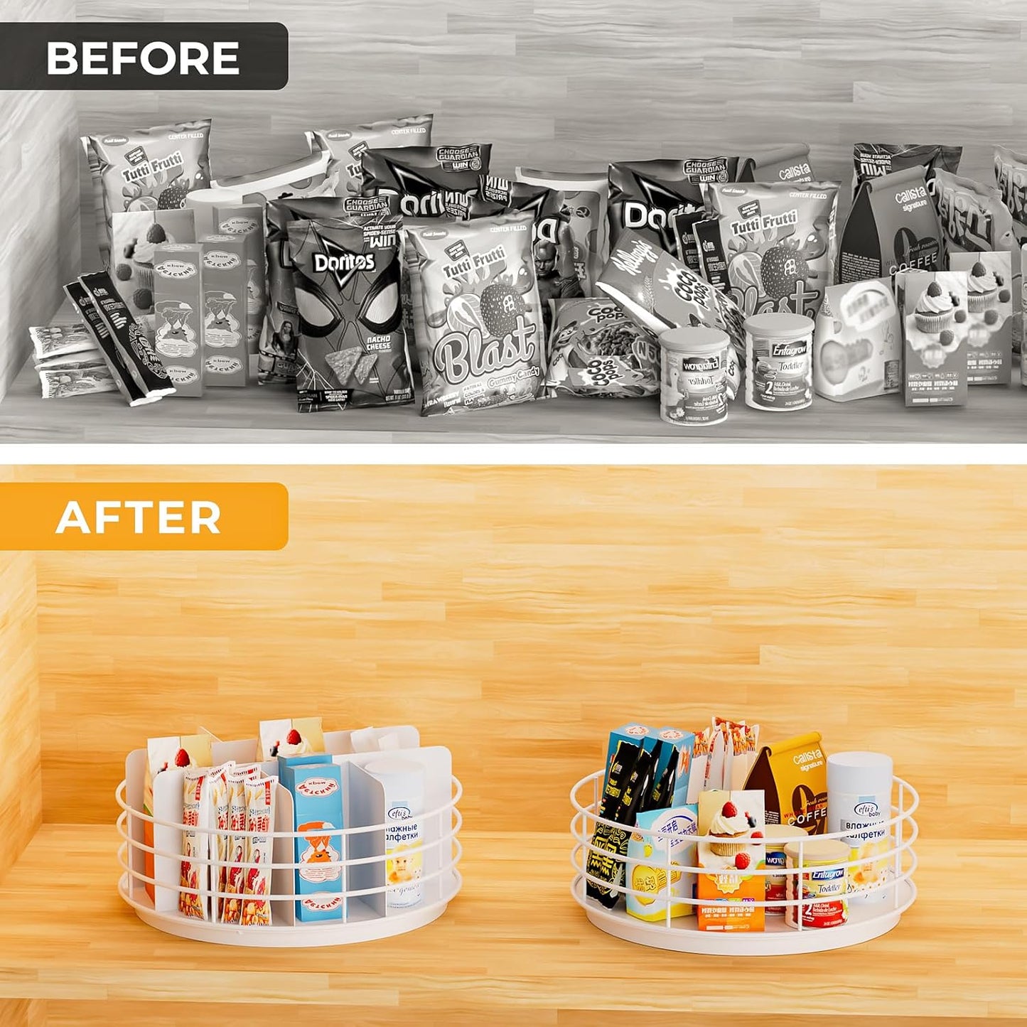 Snack Organizer - Versatile Snack Storage 2 Tier Lazy Susan with Convenient Grab-and-Go Design, Metal Snack Holder for Home, Office, Breakroom, 11.85" L x 11.85" W x 13.3" H (Matte Black)