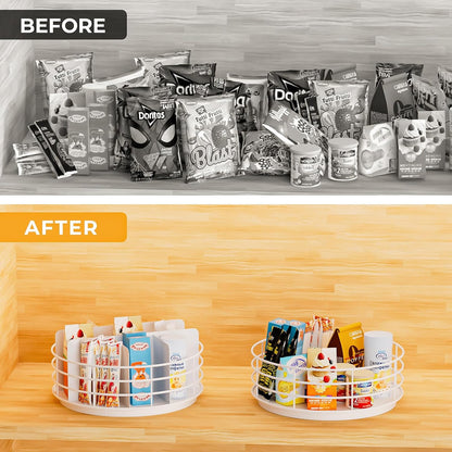 Snack Organizer - Versatile Snack Storage 2 Tier Lazy Susan with Convenient Grab-and-Go Design, Metal Snack Holder for Home, Office, Breakroom, 11.85" L x 11.85" W x 13.3" H (Matte Black)