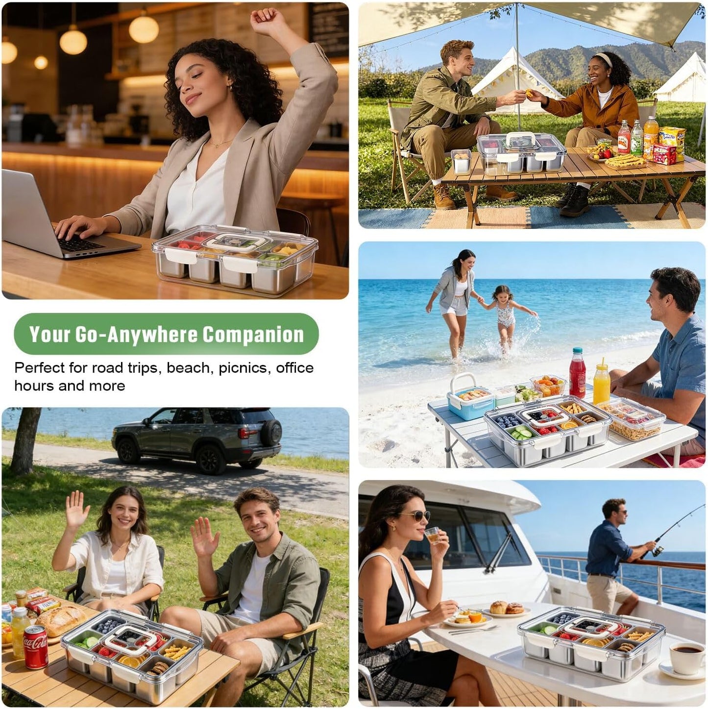 Snackle Box Container, 304 Stainless Steel Divided Serving Tray with Lid and Handle, Portable 8 Compartments Veggie Tray for Fruits,Veggies,Nuts &Candy, Dishwasher Safe for Travel,Picnic,Beach&Parties