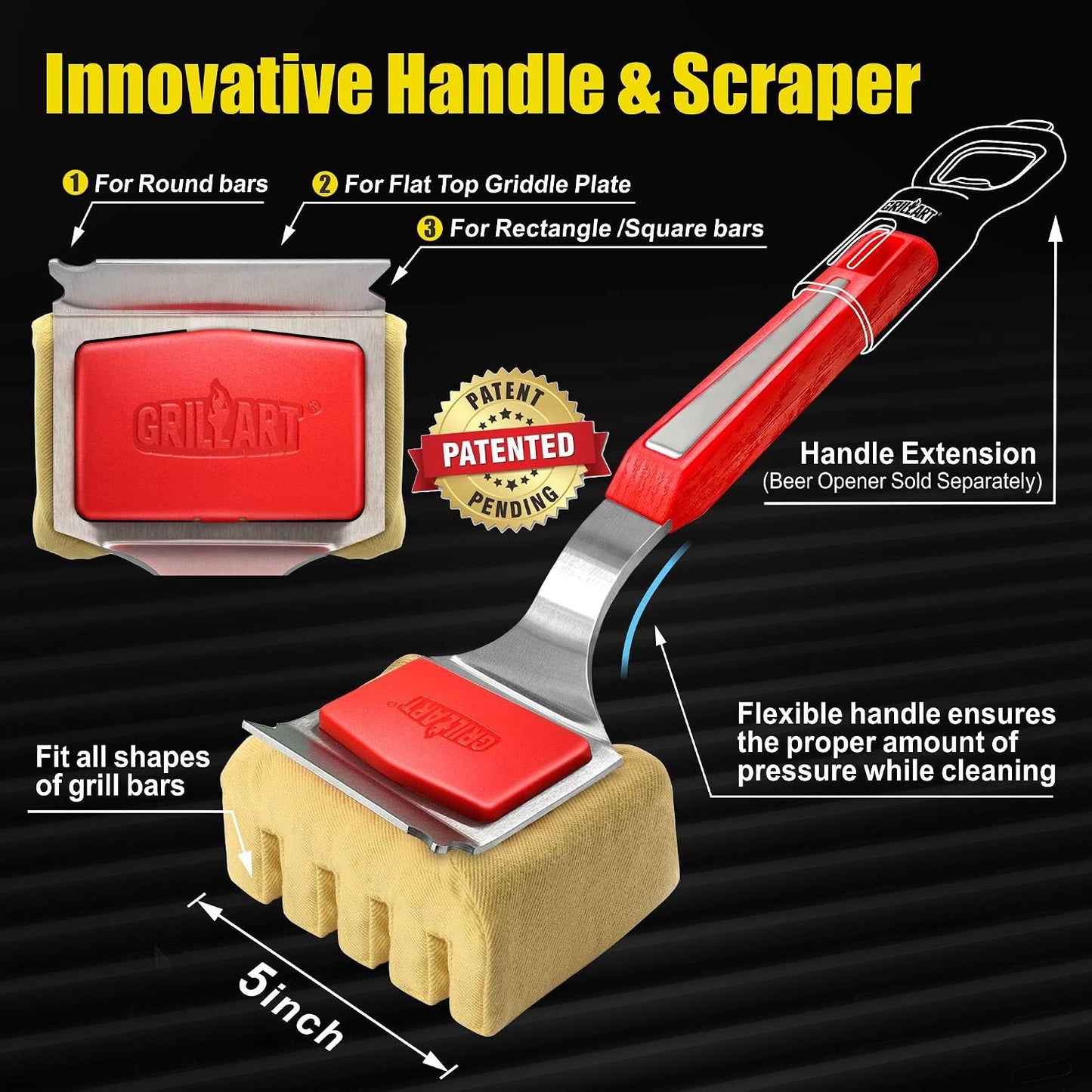 GRILLART Grill Brush Bristle Free. SteamWizards BBQ Replaceable Cleaning Head, Seamless-Fit Scraper Tools for Cast Iron/Stainless-Steel Grates Griddle, Safe Barbecue Grill Cleaner Brush-Dark Black